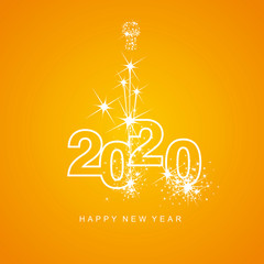 Happy New Year 2020 firework white line design numbers orange yellow background