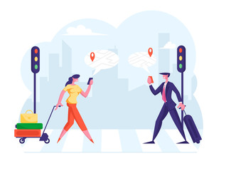 Travelers Use Map on Mobile Phone App Searching Route Location of Place with Gps on Street when Travel in City and Passing Crosswalk. Smart Technology in Lifestyle. Cartoon Flat Vector Illustration