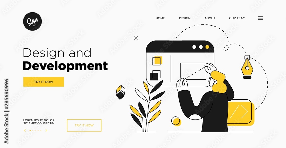 Fototapete Presentation slide template or landing page website design. Business concept illustrations. Modern flat outline style. Design And Development