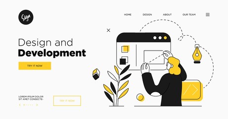 Presentation slide template or landing page website design. Business concept illustrations. Modern flat outline style. Design And Development