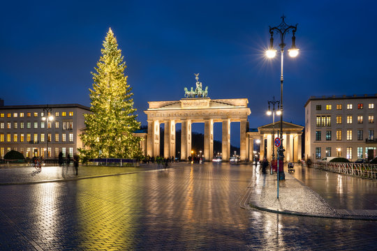 Brandenburg Gate with Christmas tree during winter season, Berlin, Germany