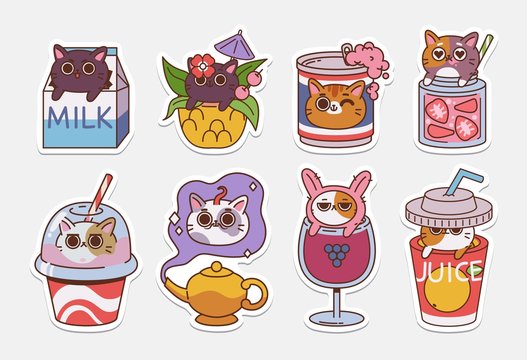 Vector Cat stickers. Illustrations of Drinks With cute cats. Non alcoholic drinks and coctails.