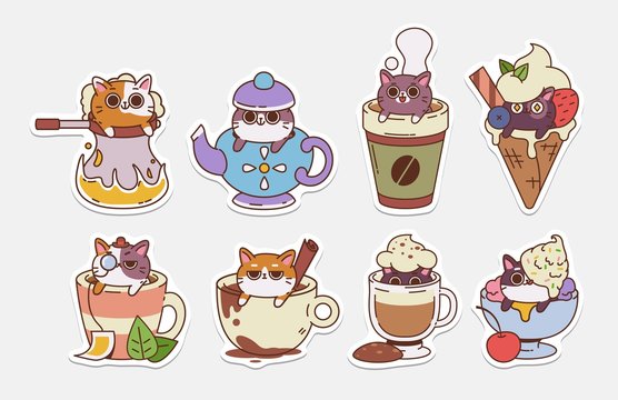 Vector Cat stickers. Illustrations of drinks With cute cats. Hot Drinks and ice cream