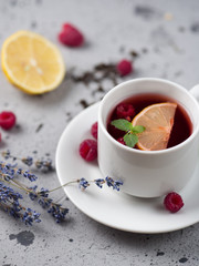 Red berry tea tea collection with raspberries, lemon, lavender.
