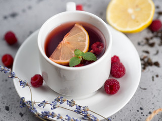 Red berry tea tea collection with raspberries, lemon, lavender.