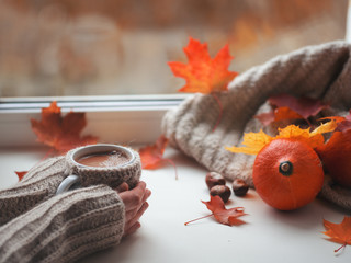 The concept of a cozy home autumn October morning on a day off. Coffee mug on the window