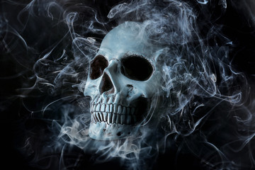 Human skull on black background