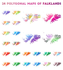 Set of vector polygonal maps of Falklands. Bright gradient map of country in low poly style. Multicolored Falklands map in geometric style for your infographics.