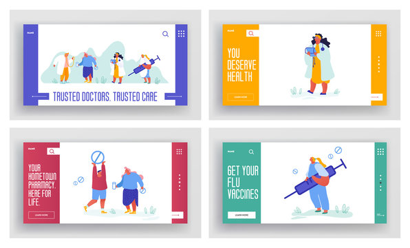 Set of Medicine Banners, Pharmacy Web Site Concept. Virus Flu Disease Web Page, Template of Health Insurance, Care Plan. Landing Page with Doctors, Online Consultation Clinic. Vector Illustration