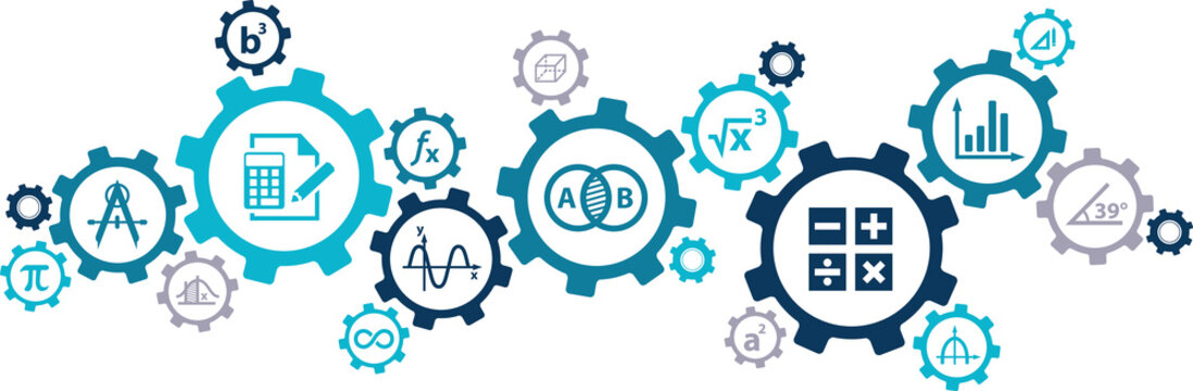 mathematics / algebra / geometry concept: connected maths icons vector illustration