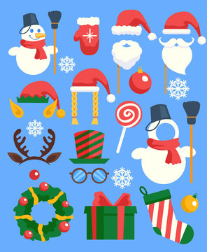 Christmas photo booth design elements icon set. Merry Christmas and Happy New Year illustrations