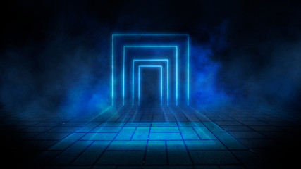 Dark street, smoke, smog. Dark scene of an empty dark street, concrete floor, neon light object, reflection. Rays of light in the dark, gloom.