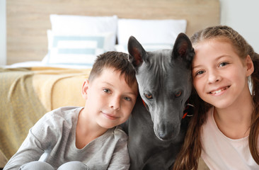 Obraz premium Little children with cute dog at home