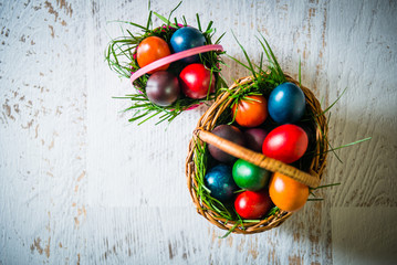 easter eggs on green background