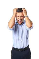 Portrait of stressed young businessman on white background