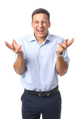 Fototapeta premium Portrait of stressed young businessman on white background