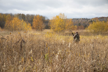 The hunter is walking across the field, with weapons. Next to the dog is a springer spaniel. Autumn
