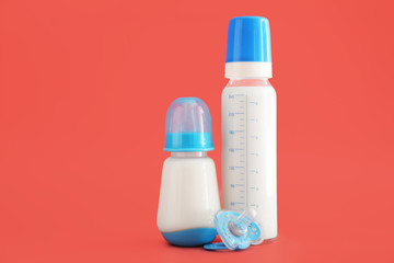 Bottles of milk for baby with pacifier on color background