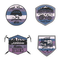 Vintage camp logos, mountain badges set. Unusual colors. Hand drawn labels designs. Travel expedition, wanderlust and hiking. Outdoor emblems. Logotypes collection. Stock vector