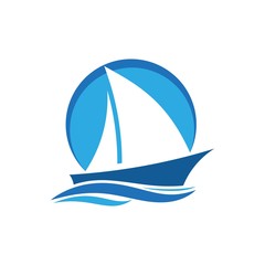 blue Sailing boat logo icon abstract vector template. Sailboat on the waves. Vector illustration