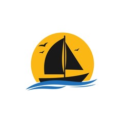 Sailing boat logo icon abstract vector template. Sailboat on the waves. Vector illustration
