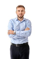 Fototapeta premium Portrait of handsome businessman on white background