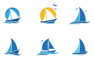 blue Sailing boat logo set. icon abstract vector template. Sailboat on the waves. Vector illustration