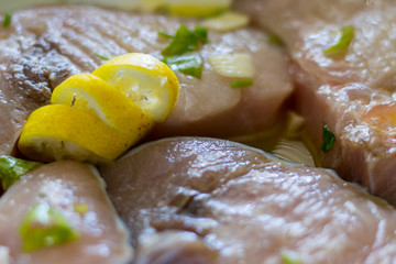 Marinated swordfish in a bowl with lemon, oil, garlic, parsley