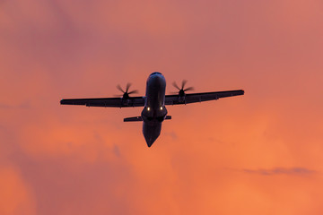Sunset view of Airport of Tivat, Montenegro, with take-off planes.