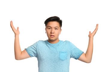 Portrait of confused Asian man on white background