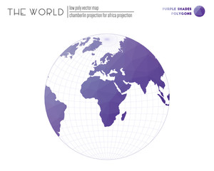World map with vibrant triangles. Chamberlin projection for Africa projection of the world. Purple shades colored polygons. Beautiful vector illustration.