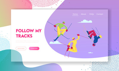 Fototapeta premium Sportsmen Sportswomen Freestyle Skiing Jump Website Landing Page. Winter Sport Activity, Skiing and Acrobatics Stunts. Seasonal Sports Competition Web Page Banner. Cartoon Flat Vector Illustration