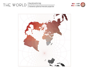 Abstract geometric world map. Transverse spherical Mercator projection of the world. Red Grey colored polygons. Stylish vector illustration.