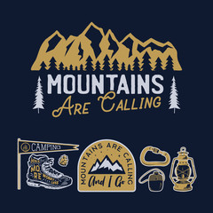Vintage camp logos, mountain badges set. Hand drawn labels designs. Travel expedition, wanderlust and hiking. Mountains are Calling outdoor emblems. Logotypes collection. Stock vector.