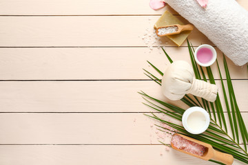 Composition with spa items on wooden background