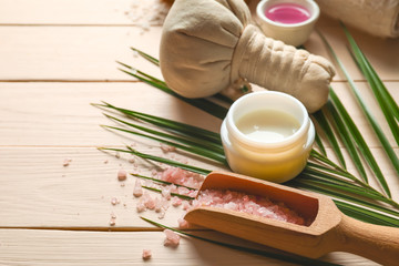 Composition with spa items on wooden background