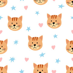 Cute seamless pattern with cat faces and stars. Background for kids with  animals - cat. Vector illustration