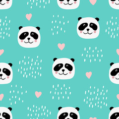 Fototapeta premium Cute seamless pattern with panda faces and hearts. Background for kids with wild animals - panda. Vector illustration