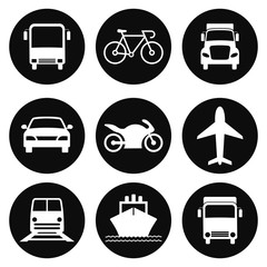 Transportation Icons Collection. Airplane, Public bus, Train, Ship/Ferry and auto signs. Shipping delivery symbol. White on a black background