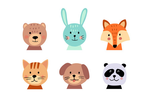 Cute hand drawn animal faces set on white background. Cartoon characters of bear, cat, bunny, fox,  dog, panda. Perfect for baby or kid design. Vector illustration