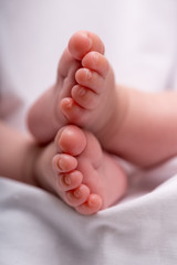 Newborn baby feet on a white blanket. Baby feet.