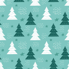 Winter seamless hand drawn pattern with Christmas trees and stars. Scandinavian design style. Vector illustration