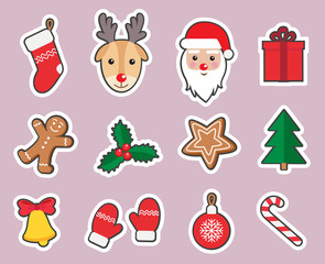 Merry Christmas and Happy New Year cute symbols set: patches of Santa Claus, reindeer, gingerbread man, candy, gift, ball, bell, Christmas tree, mittens. Winter holiday stickers. Vector illustration