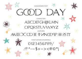 Handdrawn calligraphic vector uppercase font. Distress grunge texture. Modern calligraphy type. ABC typography latin alphabet with ligatures.