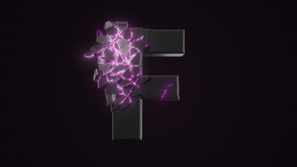 strangely cracked F letter. technological and mystical look with glowing inside details. 3d illustration