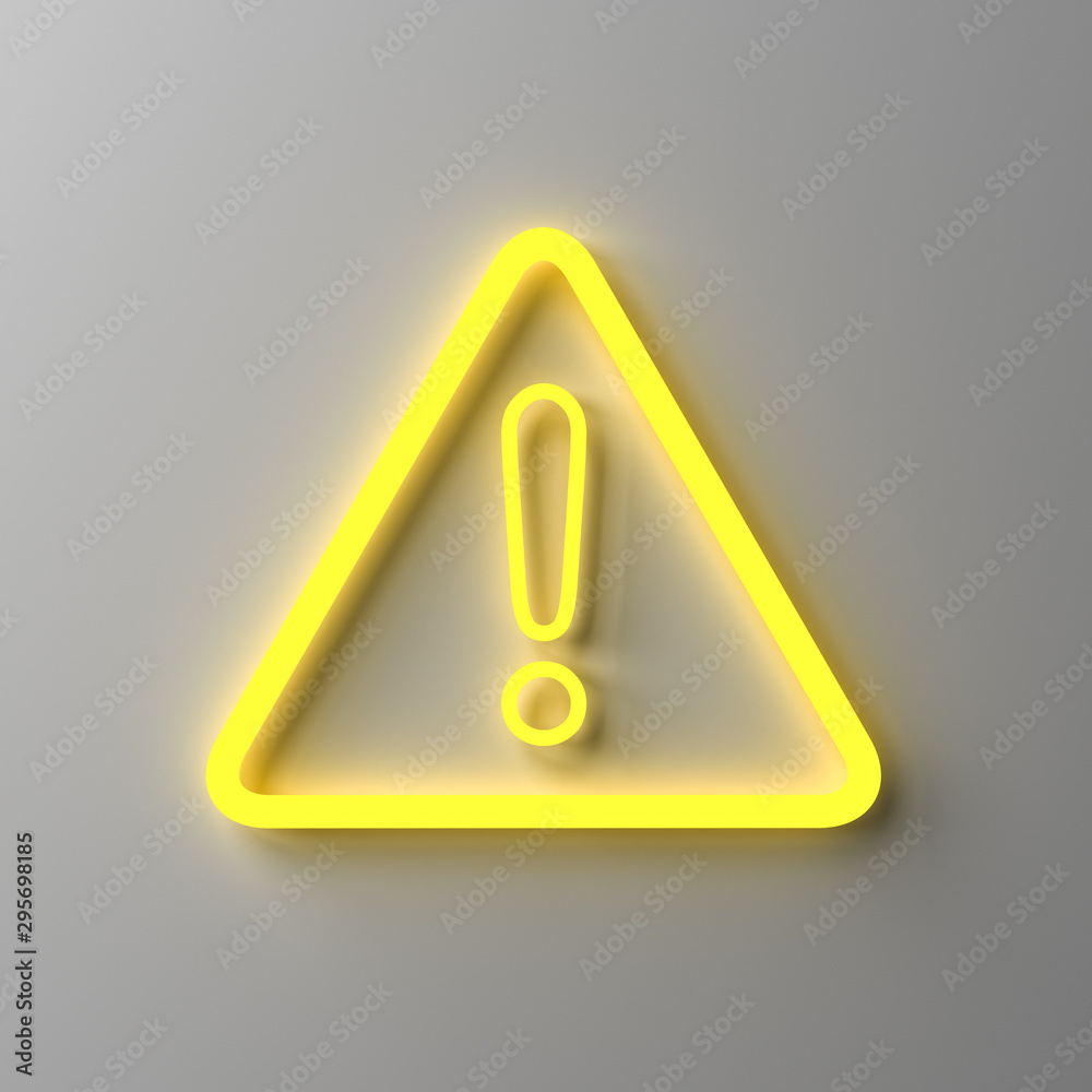 Aufkleber yellow neon light hazard warning attention sign with exclamation mark symbol isolated on dark white 