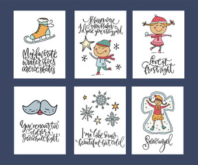 Winter and Christmas vector card set. Calligraphy lettering greeting text and cartoon doodle holiday illustrations. Happy New year poster collection. Snow angel, Love at frost sight.