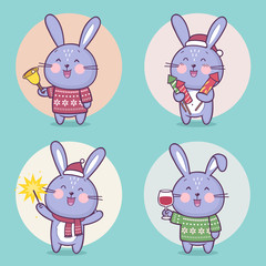 Set of cute bunny rabbit character celebrating Christmas. Vector cartoon bunny character having fun. Vector collection