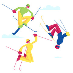 Sportsmen Freestyle Skiing Jump. Winter Sport Activity Combine Skiing and Acrobatics Stunts. Aerialist Skiers Making Somersault and Extreme Tricks over Springboard Cartoon Flat Vector Illustration
