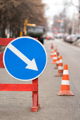 Roadsign diversion on the right in the city.